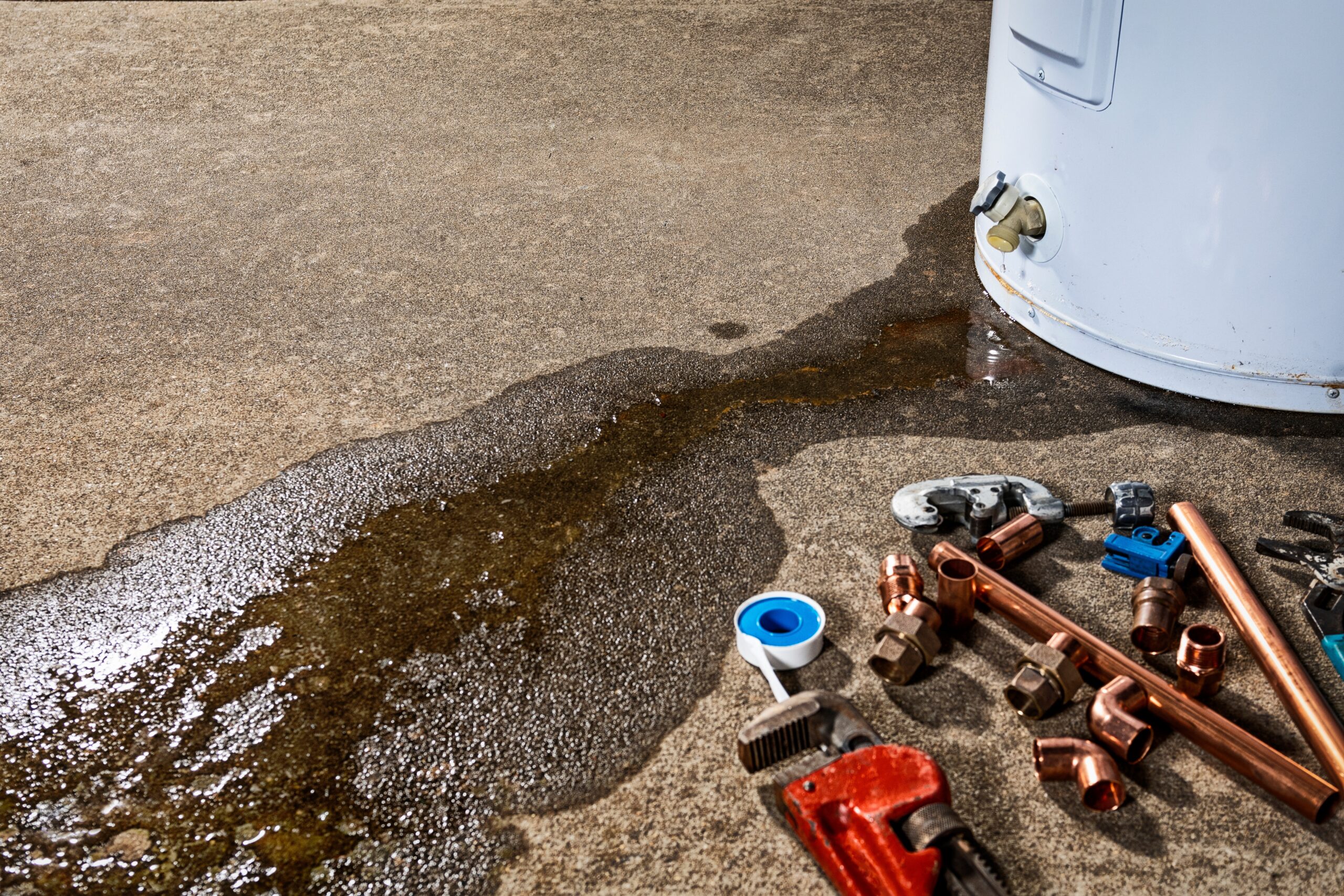 Water leaking from the plastic faucet on a residential electric water heater with tools to repair the appliance.