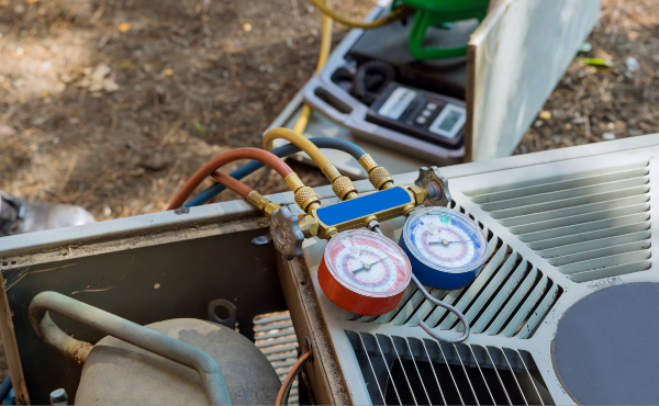 Air conditioning unit with pressure gauges and service tools, illustrating AC maintenance and repair in Benson, AZ.
