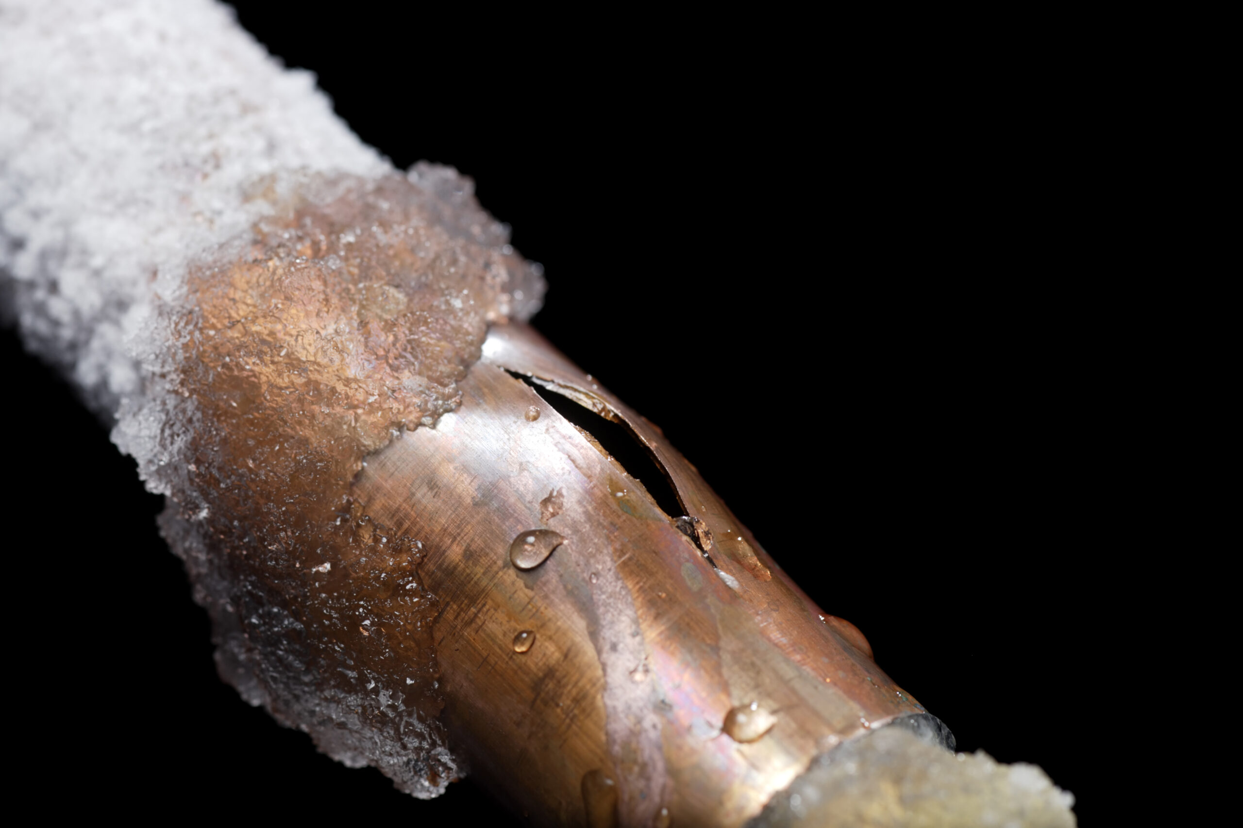 A close-up of a frozen copper pipe that has burst open, showing a large crack with water droplets and ice buildup.